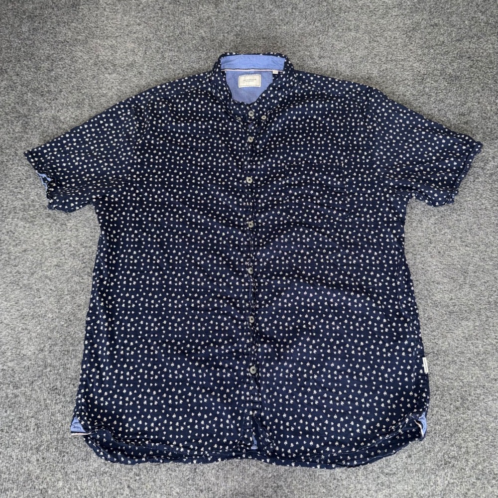 7Diamonds Mens XL Navy Blue White Floral Leaf Print Short Sleeve Button Up